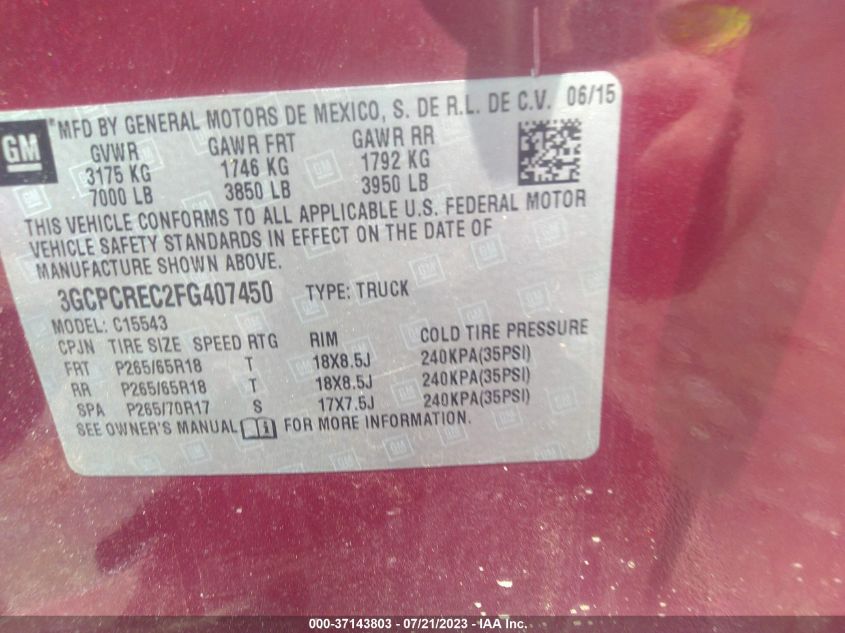 2015 CHEVROLET SILVERADO 1500 LT - 3GCPCREC2FG407450
