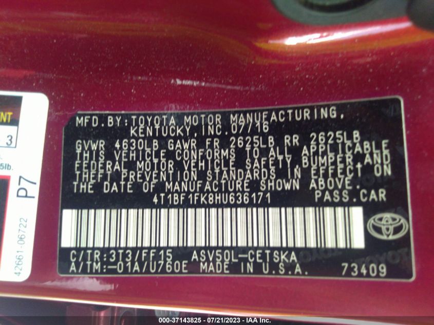 2017 TOYOTA CAMRY XLE/SE/LE/XSE - 4T1BF1FK8HU636171