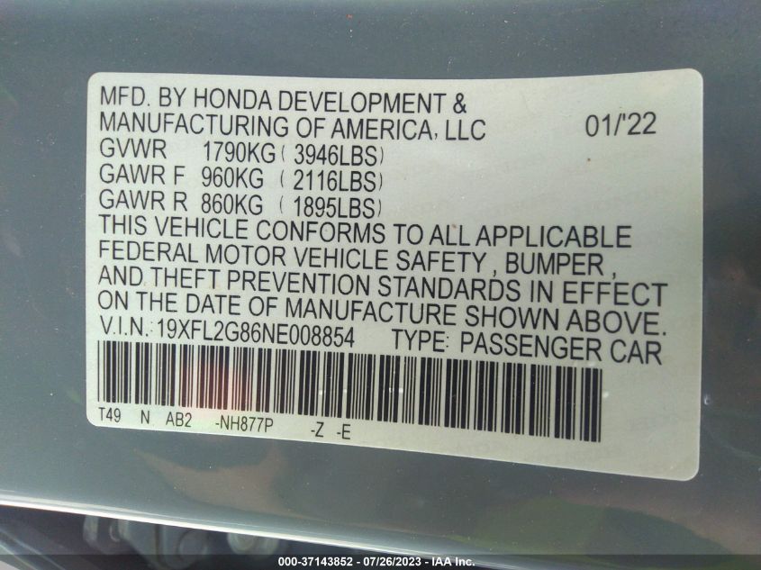 2022 HONDA CIVIC HATCHBACK SPORT - 19XFL2G86NE008854
