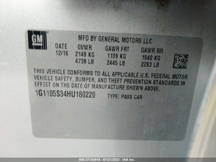 2017 CHEVROLET IMPALA LT - 1G1105S34HU180220