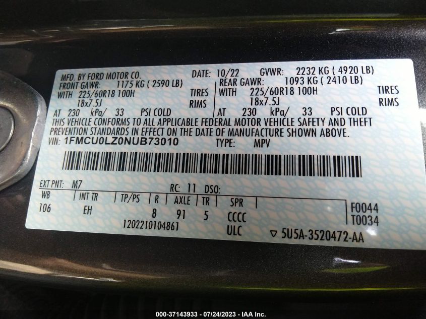 2022 FORD ESCAPE TITANIUM PLUG-IN HYBRID - 1FMCU0LZ0NUB73010