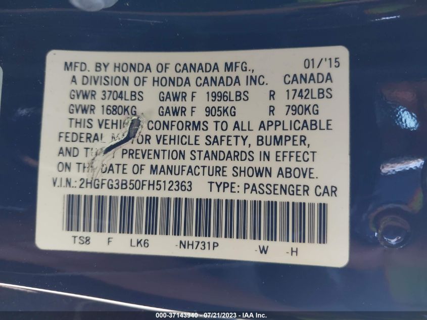 2015 HONDA CIVIC COUPE LX - 2HGFG3B50FH512363