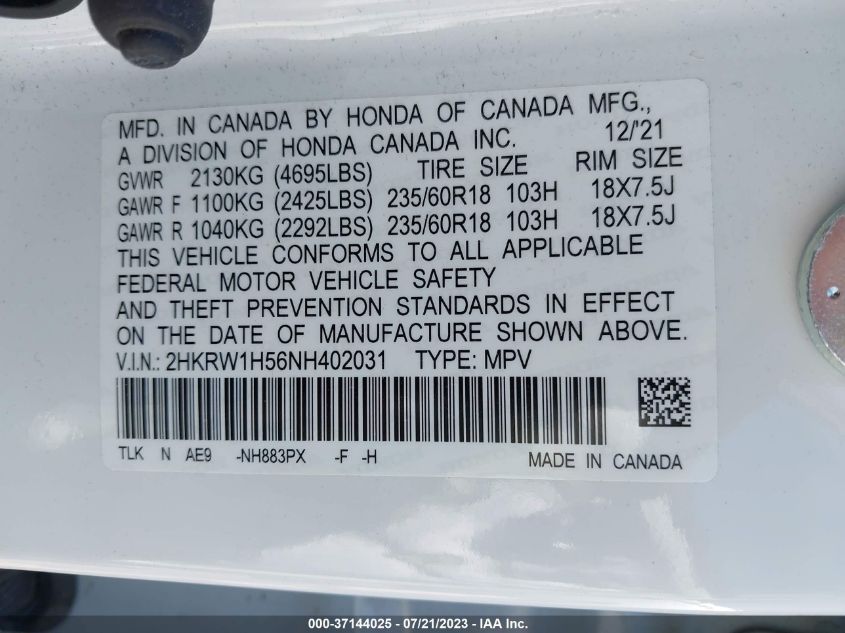 2022 HONDA CR-V EX - 2HKRW1H56NH402031