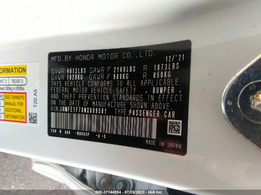 2022 HONDA CIVIC SEDAN EX - JHMFE1F78NX009581