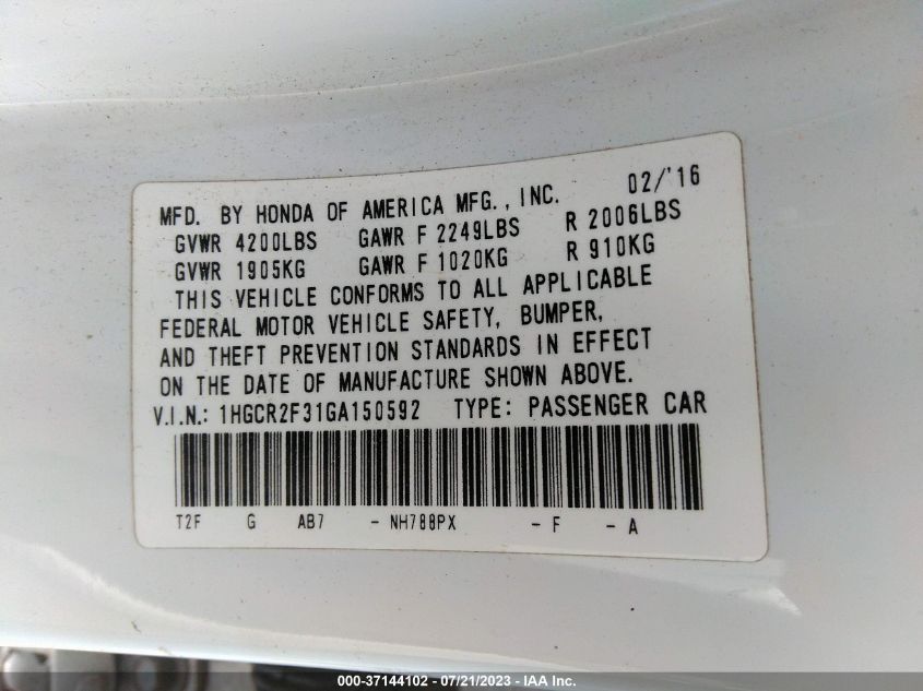 2016 HONDA ACCORD SEDAN LX - 1HGCR2F31GA150592