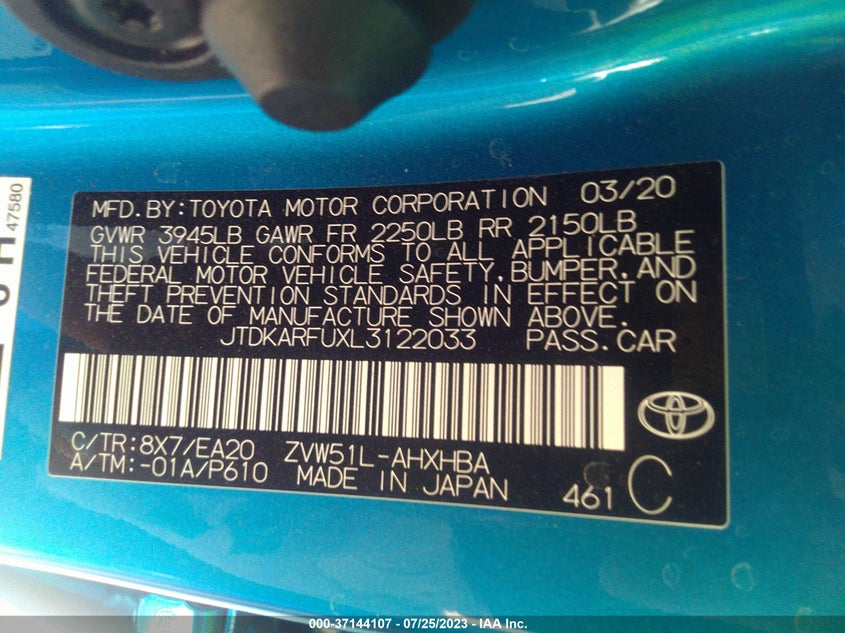 VIN JTDKARFUXL3122033 2020 TOYOTA PRIUS L/LE/XLE/LIMITED