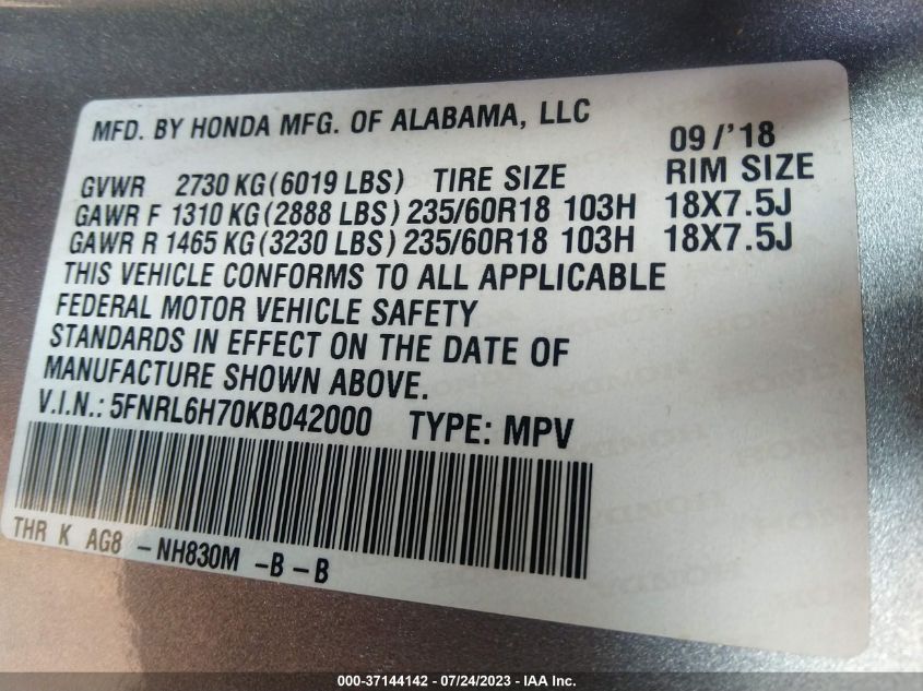 2019 HONDA ODYSSEY EX-L - 5FNRL6H70KB042000