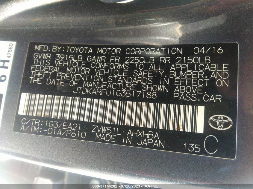 2016 TOYOTA PRIUS FOUR - JTDKARFU1G3517188