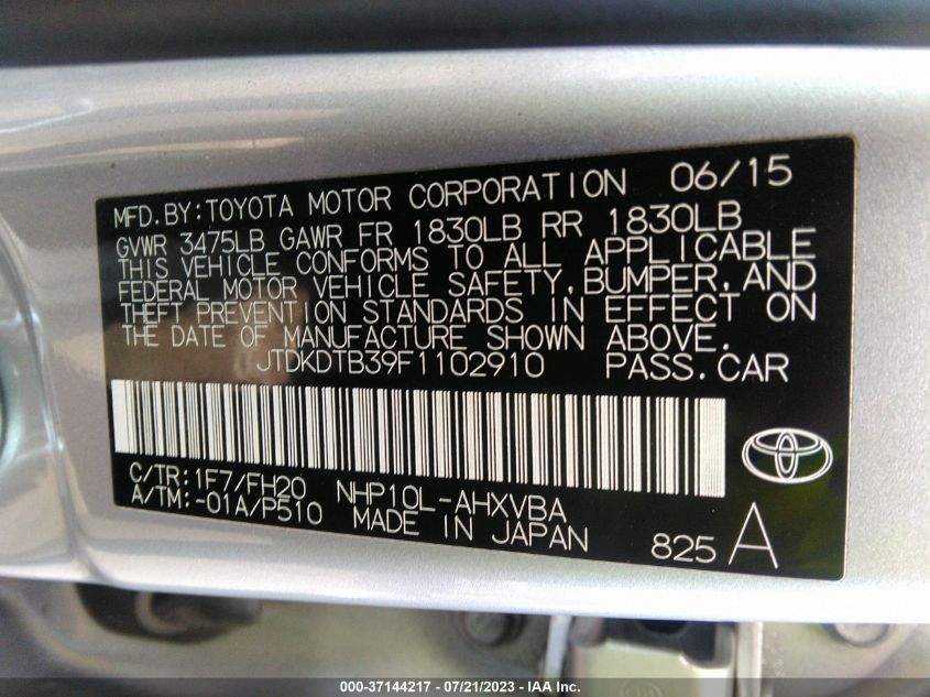 2015 TOYOTA PRIUS C ONE/TWO/THREE/FOUR - JTDKDTB39F1102910
