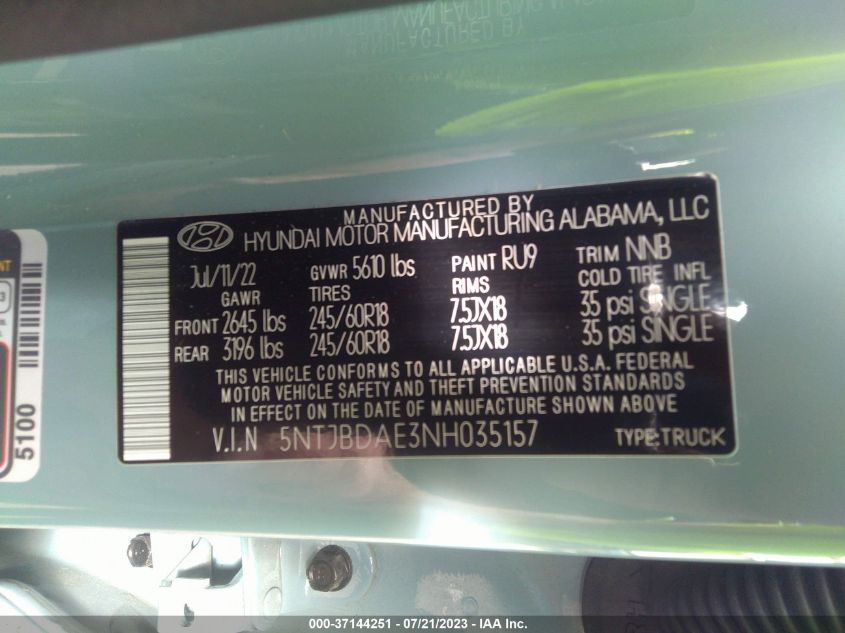 2022 HYUNDAI SANTA CRUZ SEL 5NTJBDAE3NH035157