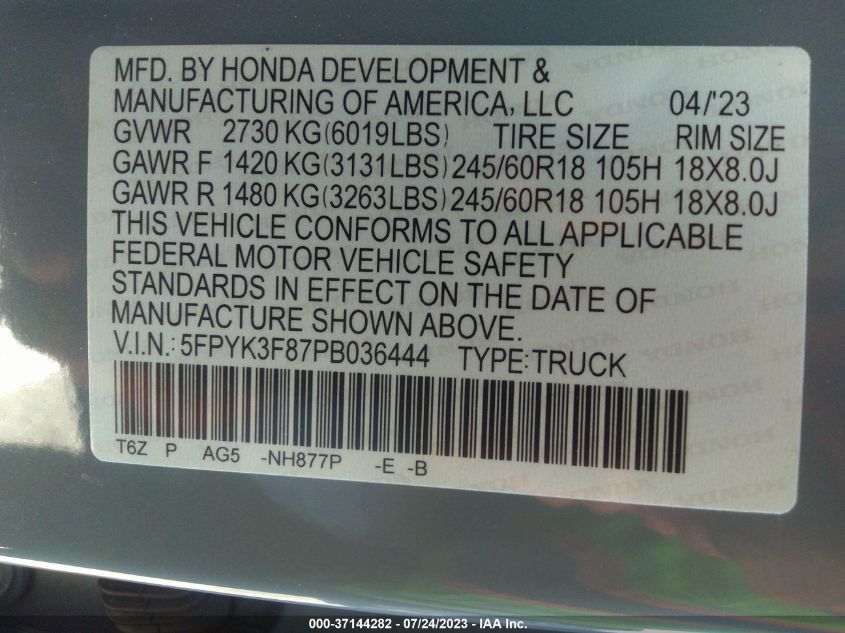 2023 HONDA RIDGELINE BLACK EDITION - 5FPYK3F87PB036444