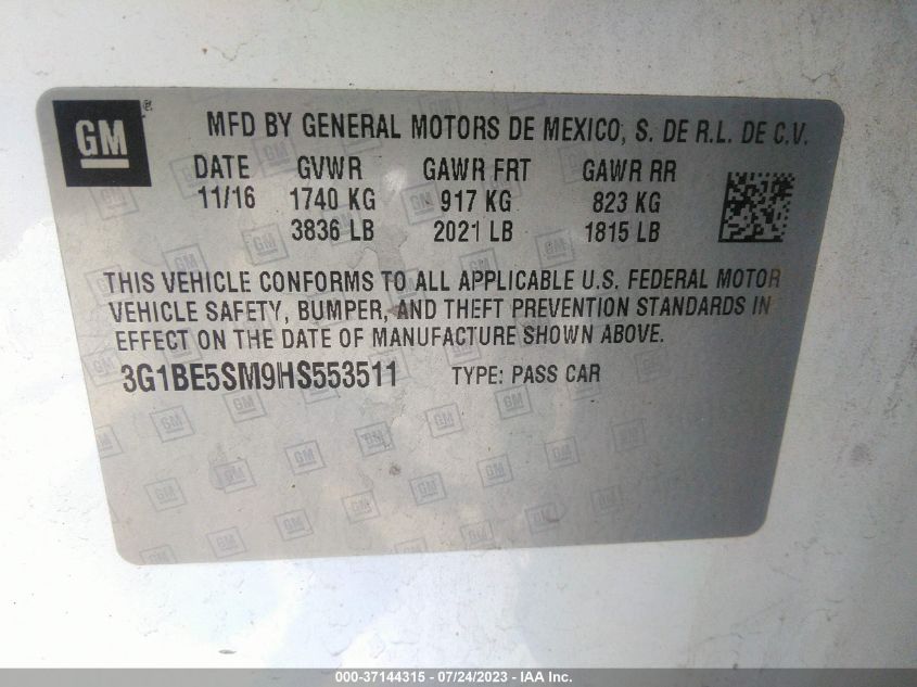 2017 CHEVROLET CRUZE LT - 3G1BE5SM9HS553511