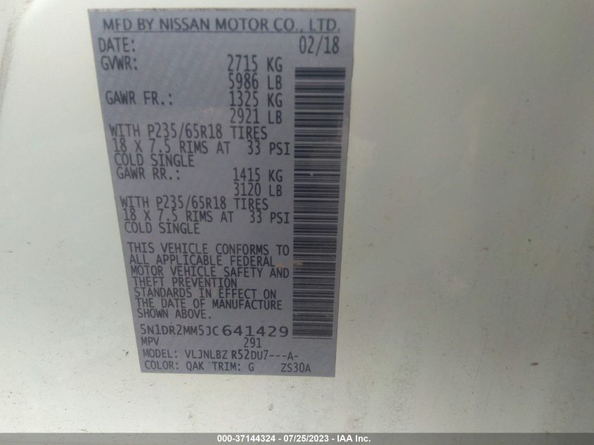 2018 NISSAN PATHFINDER S/SV/SL/PLATINUM - 5N1DR2MM5JC641429