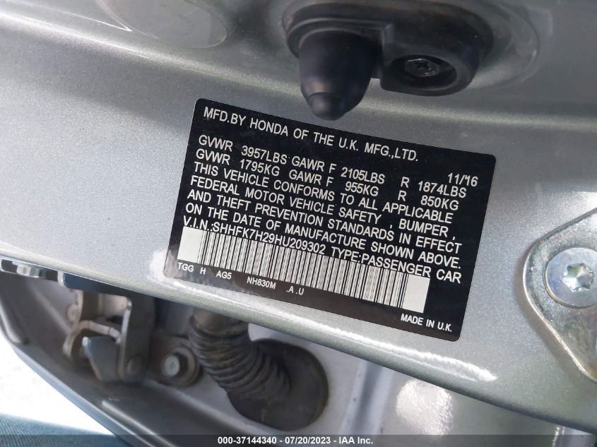 2017 HONDA CIVIC HATCHBACK LX - SHHFK7H29HU209302