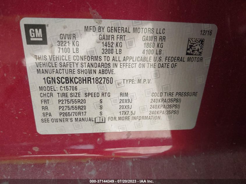 2017 CHEVROLET TAHOE LT - 1GNSCBKC8HR182760