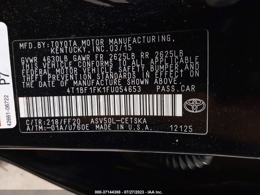 2015 TOYOTA CAMRY XLE/SE/LE/XSE - 4T1BF1FK1FU054653