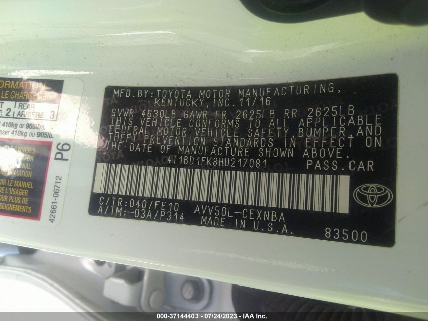 2017 TOYOTA CAMRY HYBRID - 4T1BD1FK8HU217081
