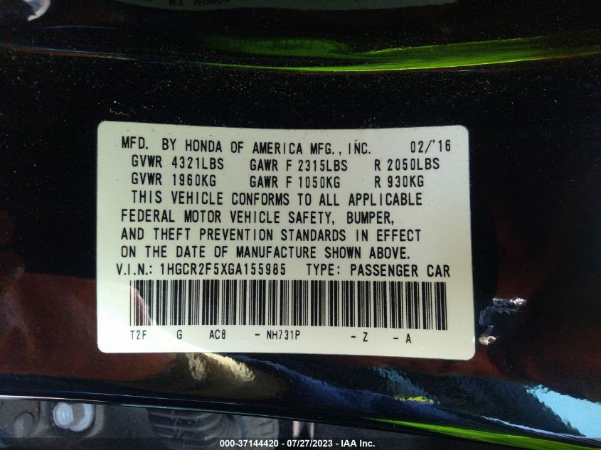 2016 HONDA ACCORD SEDAN SPORT - 1HGCR2F5XGA155985