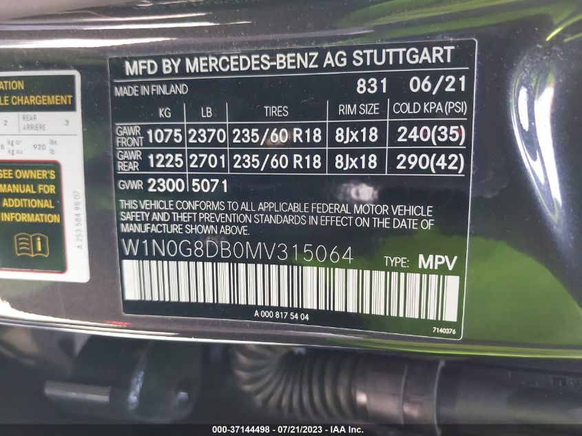 2021 MERCEDES-BENZ GLC GLC 300 - W1N0G8DB0MV315064