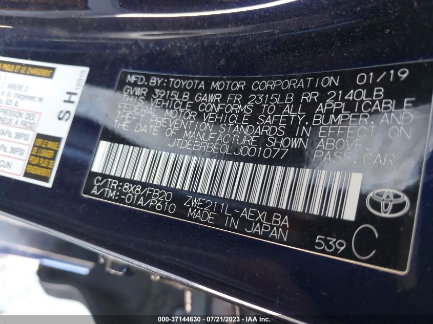 2020 TOYOTA COROLLA HYBRID LE - JTDEBRBE0LJ001077