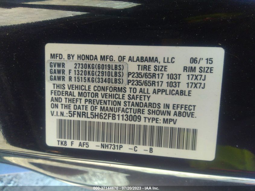 5FNRL5H62FB113009 2015 HONDA ODYSSEY, photo no. 9