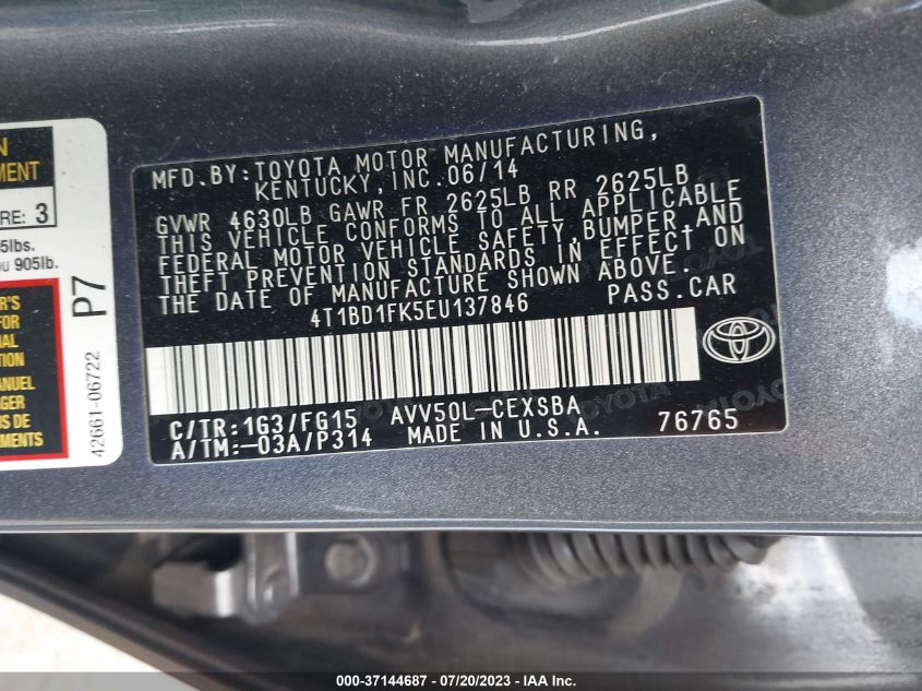 2014 TOYOTA CAMRY HYBRID LE/XLE/SE LIMITED EDITION - 4T1BD1FK5EU137846