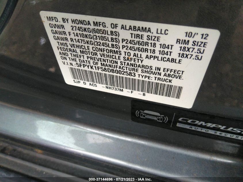 2013 HONDA RIDGELINE RTL - 5FPYK1F58DB002583