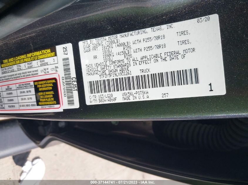 2020 TOYOTA TUNDRA 4WD SR5/TRD PRO - 5TFDY5F19LX931261