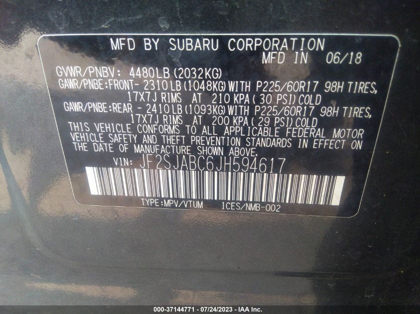 2018 SUBARU FORESTER - JF2SJABC6JH594617