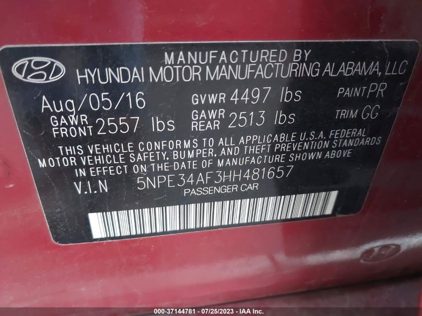 2017 HYUNDAI SONATA SPORT - 5NPE34AF3HH481657