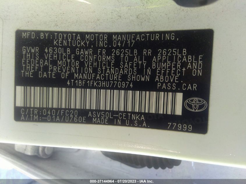 2017 TOYOTA CAMRY XLE/SE/LE/XSE - 4T1BF1FK3HU770974