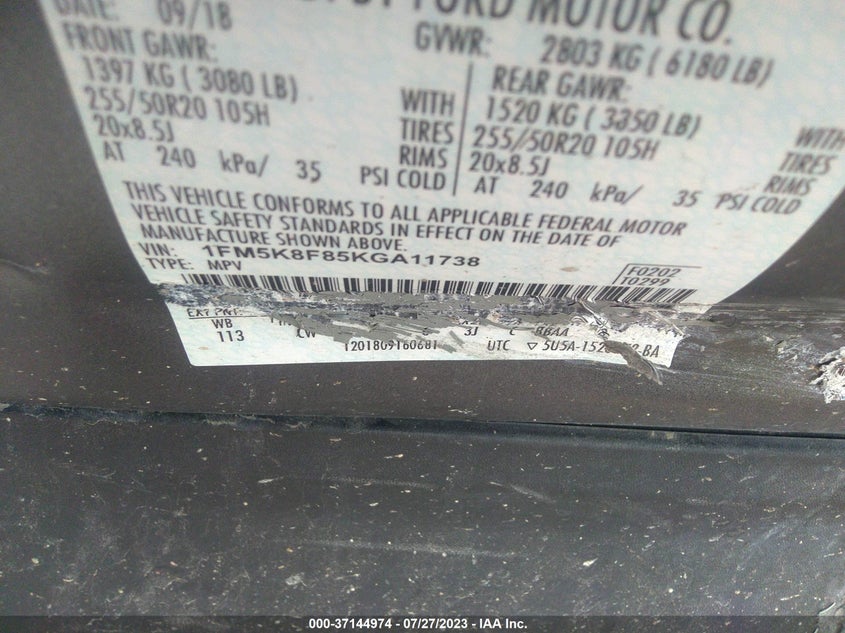 VIN 1FM5K8F85KGA11738 2019 FORD EXPLORER LIMITED