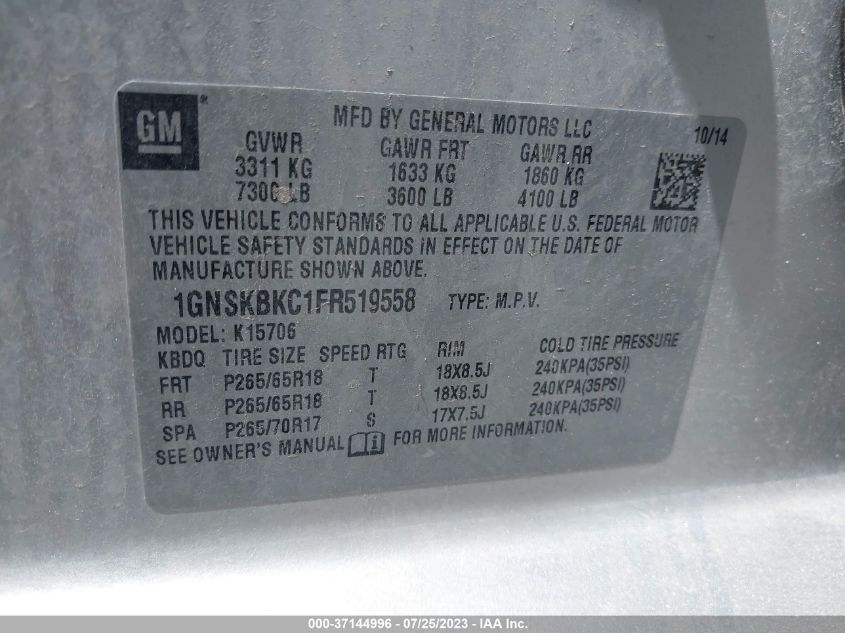 2015 CHEVROLET TAHOE LT - 1GNSKBKC1FR519558