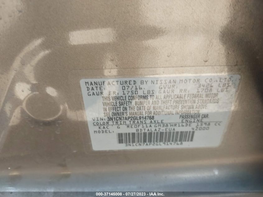 2016 NISSAN VERSA S PLUS - 3N1CN7AP2GL914768