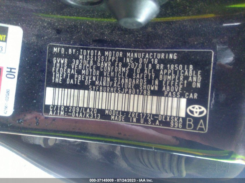 2018 TOYOTA COROLLA L/LE/XLE/SE/XSE - 5YFBURHE5JP801788