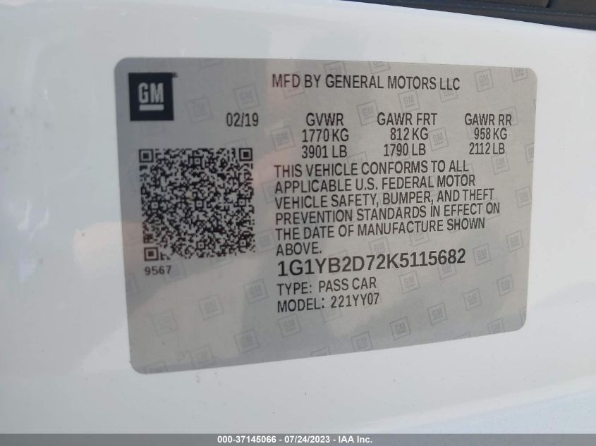2019 CHEVROLET CORVETTE STINGRAY 1LT - 1G1YB2D72K5115682