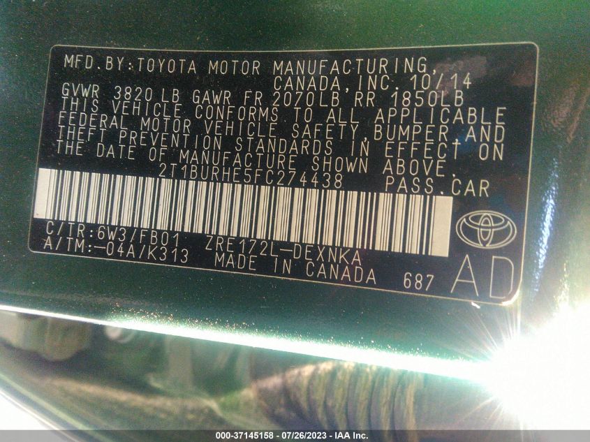 2015 TOYOTA COROLLA L/LE/S/S PLUS/LE PLUS - 2T1BURHE5FC274438