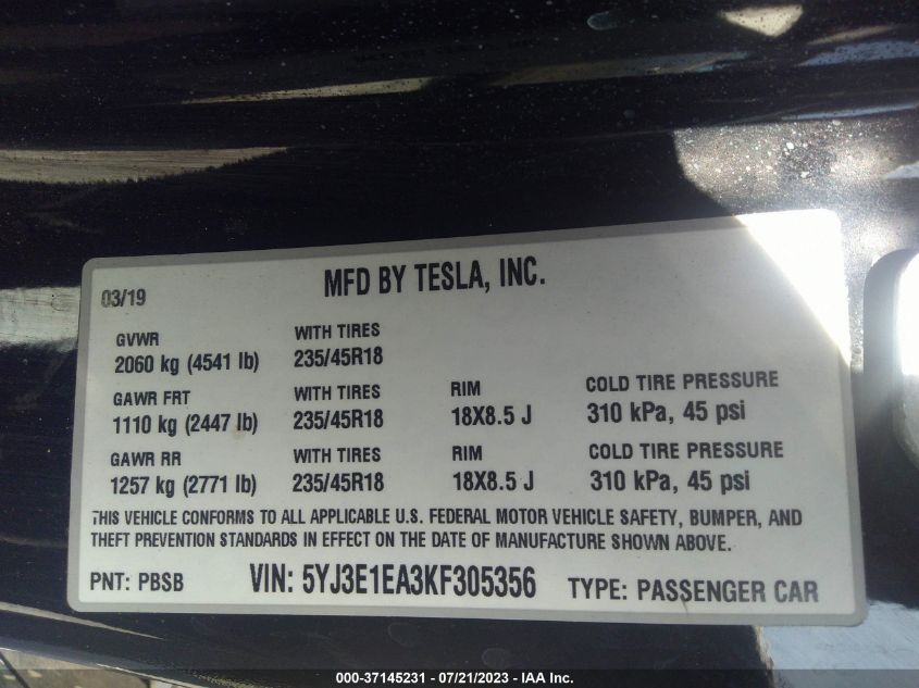 2019 TESLA MODEL 3 - 5YJ3E1EA3KF305356
