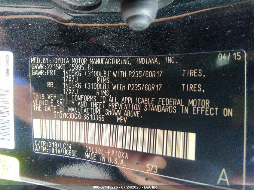 2015 TOYOTA SIENNA XLE/XLE AAS/LTD - 5TDYK3DCXFS610366