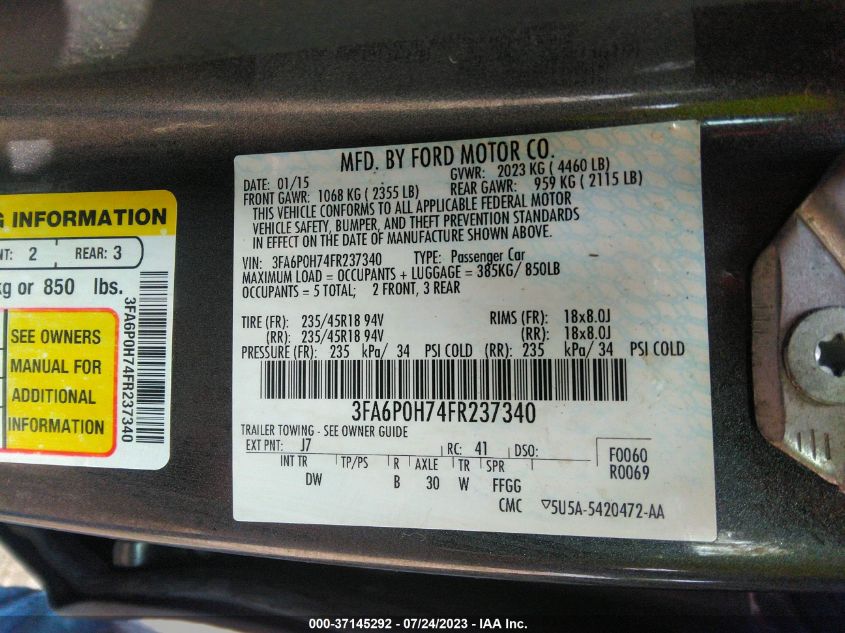 2015 FORD FUSION SE - 3FA6P0H74FR237340