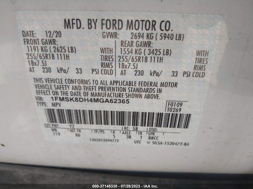 2021 FORD EXPLORER XLT - 1FMSK8DH4MGA62365