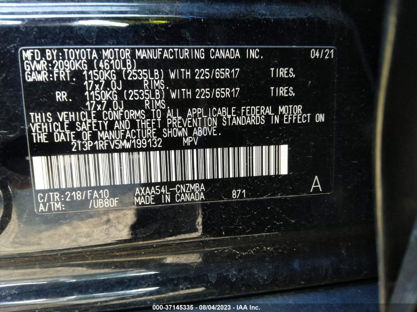 2021 TOYOTA RAV4 XLE - 2T3P1RFV5MW199132