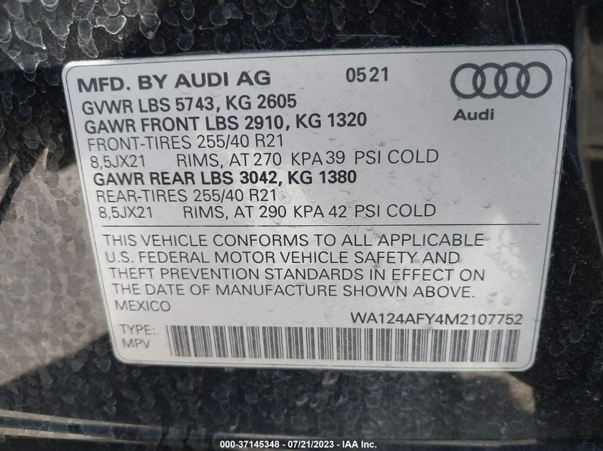 2021 AUDI SQ5 SPORTBACK PREMIUM PLUS WA124AFY4M2107752
