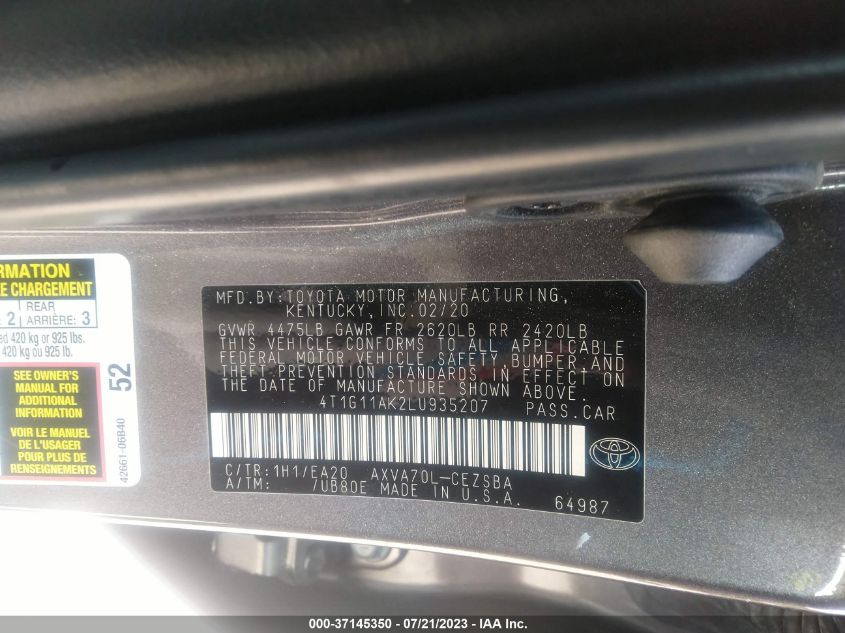 2020 TOYOTA CAMRY SE - 4T1G11AK2LU935207