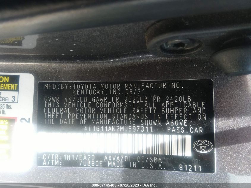 2021 TOYOTA CAMRY SE - 4T1G11AK2MU597311