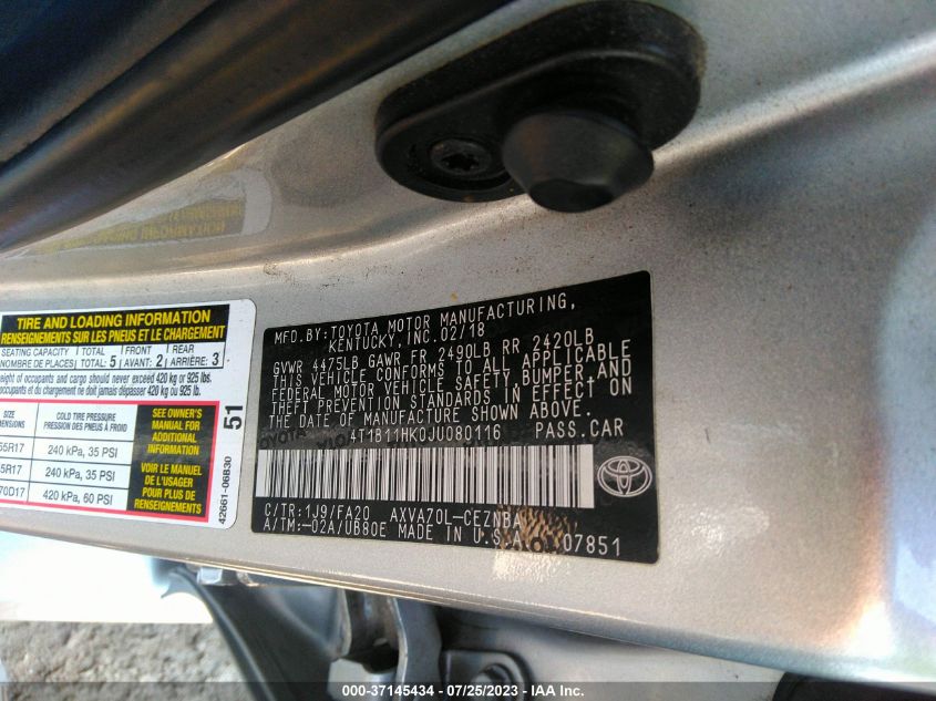 2018 TOYOTA CAMRY LE/SE/XLE/L - 4T1B11HK0JU080116