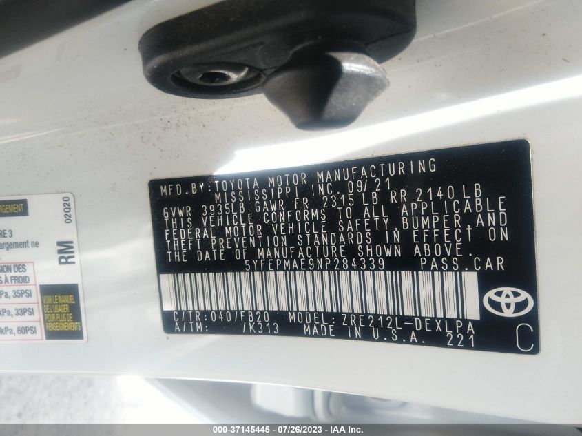 2022 TOYOTA COROLLA LE - 5YFEPMAE9NP284339