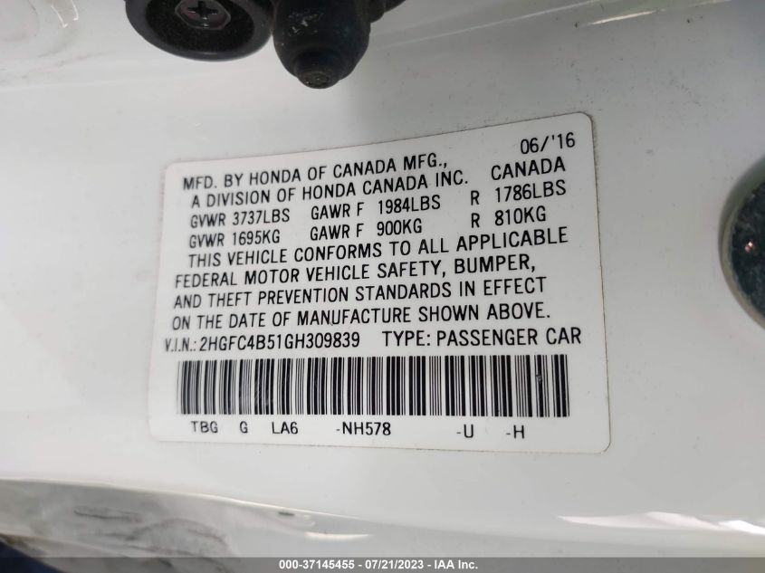 2016 HONDA CIVIC COUPE LX - 2HGFC4B51GH309839