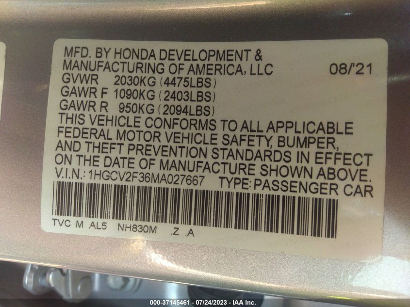 2021 HONDA ACCORD SEDAN SPORT - 1HGCV2F36MA027667