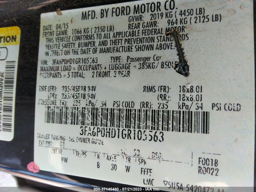 2016 FORD FUSION SE - 3FA6P0HD1GR105563